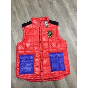 CROOKS & CASTLES "VULTURES" QUILTED RED & BLUE BUTTON PUFFER VEST SIZE 2XL